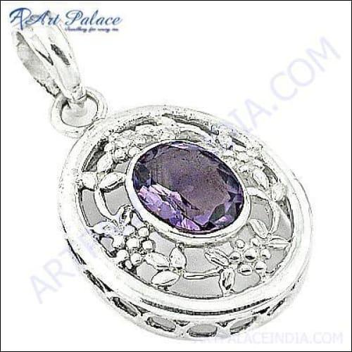 Handmade Fancy Design Amethyst Gemstone Silver Pendant featuring intricate silver patterns and a stunning purple amethyst stone.