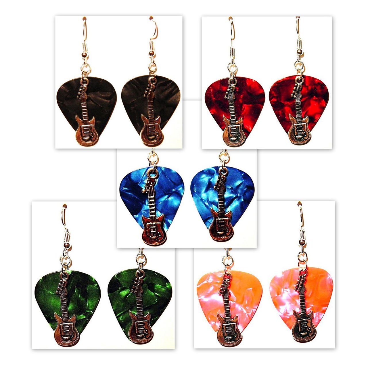 Colorful handmade guitar pick earrings with sterling silver hooks, showcasing a unique and fun design perfect for music lovers.