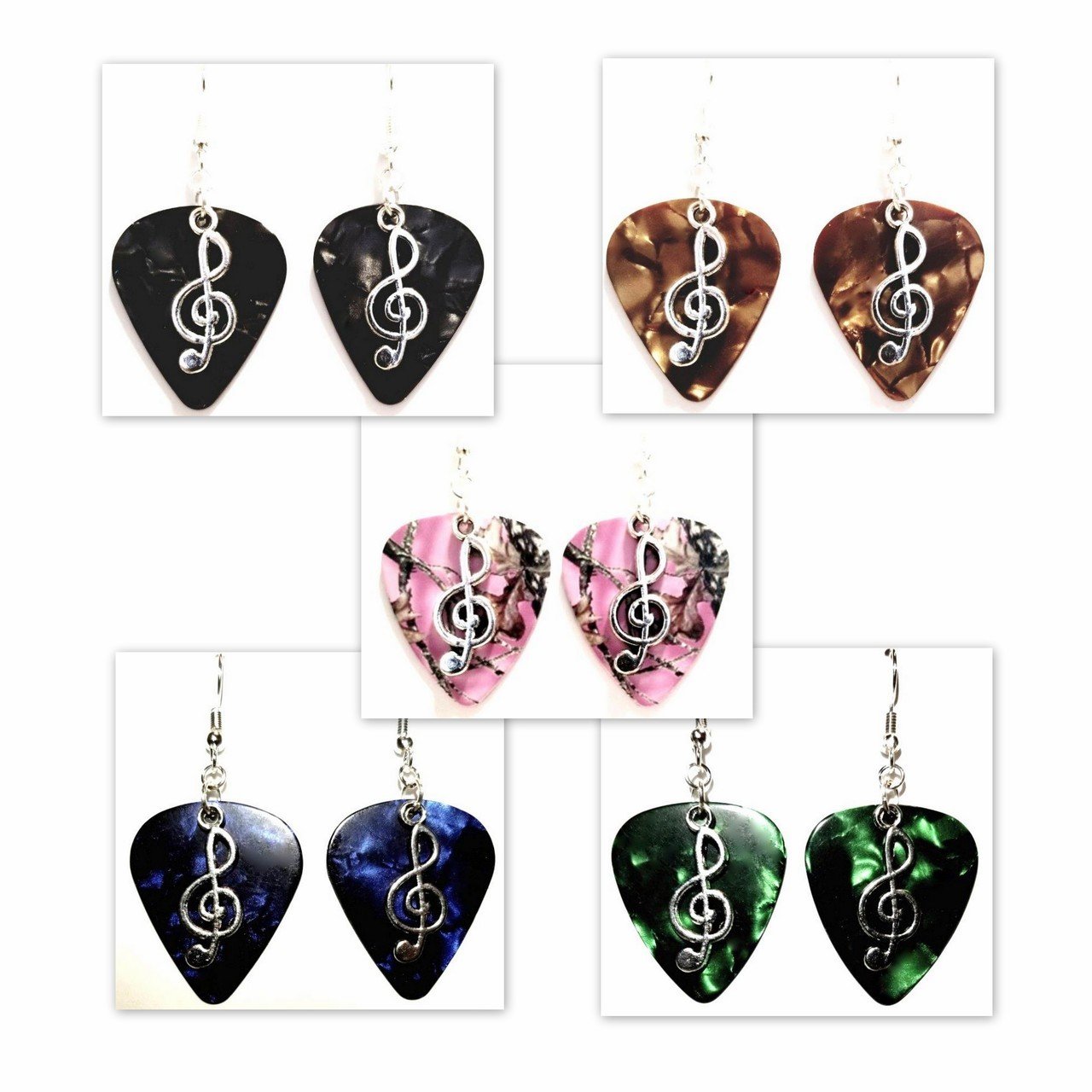 Colorful handmade guitar pick earrings featuring a treble clef design, hanging from hypoallergenic sterling silver hooks.