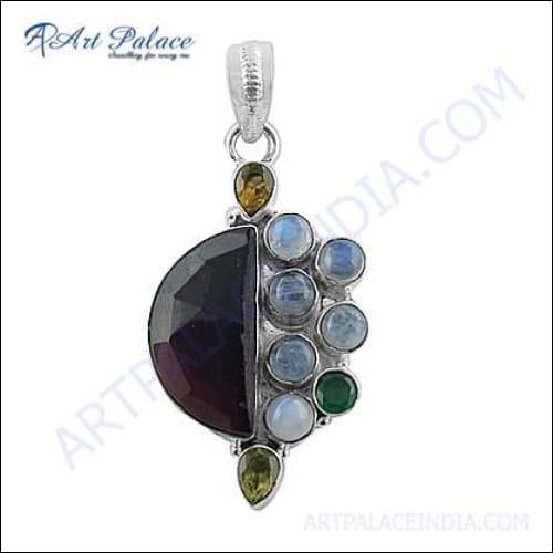 Handmade Multi-Stone German Silver Pendant featuring an array of natural gemstones in an intricate design, showcasing artistic elegance.