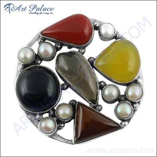 Handmade Multi-Stone Silver Brooch featuring vibrant gemstones set in a classic silver design, perfect for elevating any outfit.