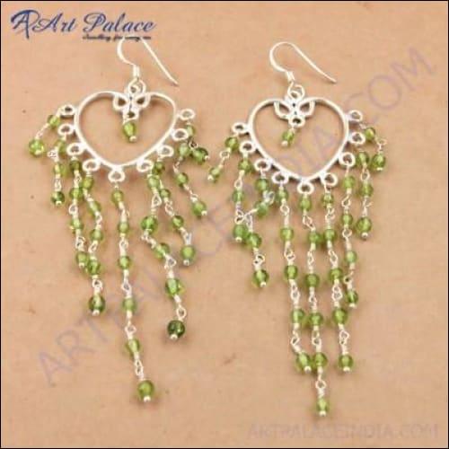 A pair of handmade natural gemstone peridot beaded earrings showcasing vibrant green hues, elegantly designed for any occasion.