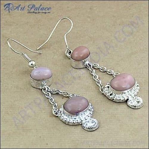 Handmade Rose Quartz Energy Gemstone Earrings set in intricate German silver, showcasing delicate pink gemstones and bohemian design.