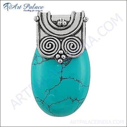 Handmade Synthetic Turquoise Gemstone Pendant set in intricate German silver, showcasing vibrant blue hues and elegant design.