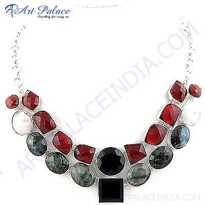 Handmade Unique Multi-Stone German Silver Necklace featuring vibrant stones and intricate design, showcasing Indian craftsmanship.