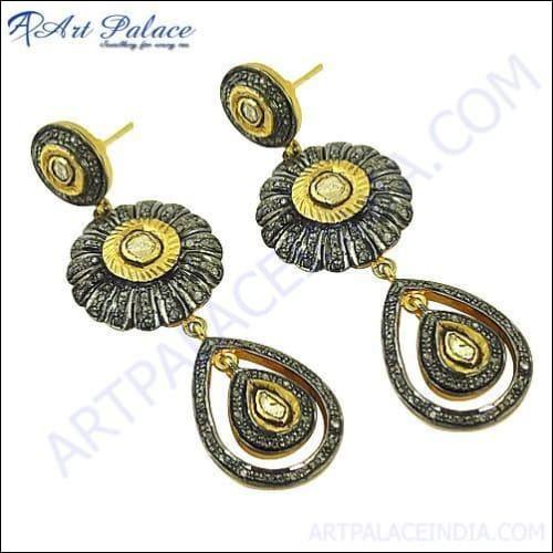 Handmade Victorian Diamond Gold-Plated Silver Earrings featuring intricate designs and sparkling diamonds, perfect for elegant occasions.