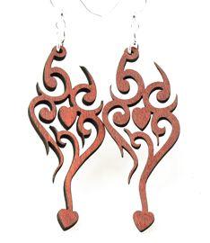 Heart Tattoo Earrings #1142 made from sustainably sourced wood, featuring a vibrant tangerine color and hypoallergenic stainless steel ear wires.