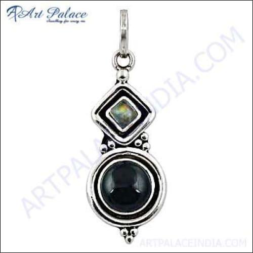 High-quality silver pendant featuring black onyx and labradorite gemstones, showcasing intricate ethnic design.