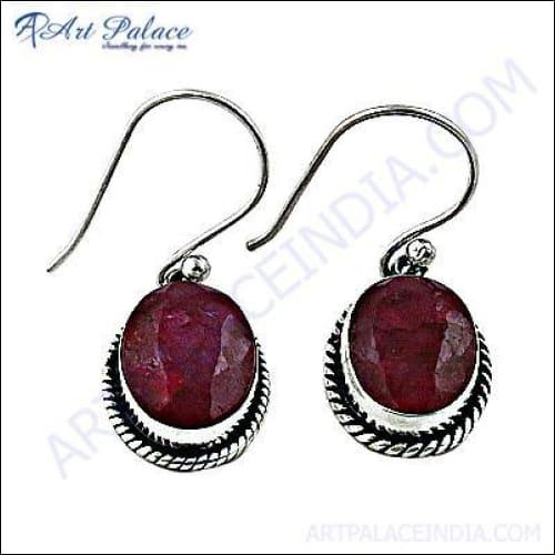 High-Quality Died Ruby Silver Earrings featuring a vibrant ruby stone and artisan cutstone hook design.