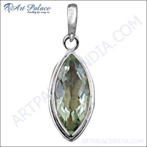A stunning marquise shape green amethyst gemstone pendant set in high-quality silver, showcasing its elegant design and vibrant color.