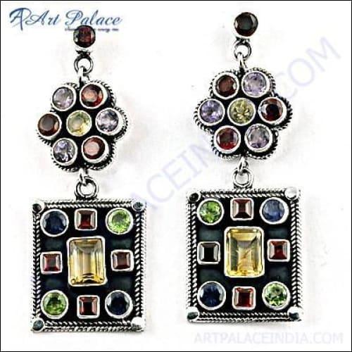 High-Quality Multi-Stone Gemstone Sterling Silver Earrings featuring vibrant gemstones set in 925 sterling silver, showcasing elegance and craftsmanship.