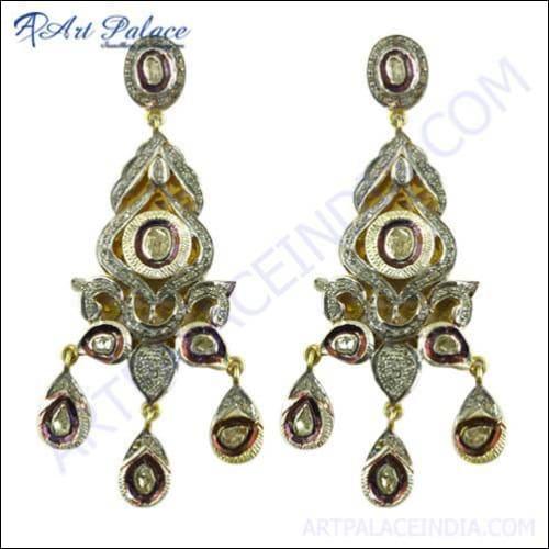 Elegant Victorian gold-plated diamond silver earrings showcasing intricate design and sparkling accents.