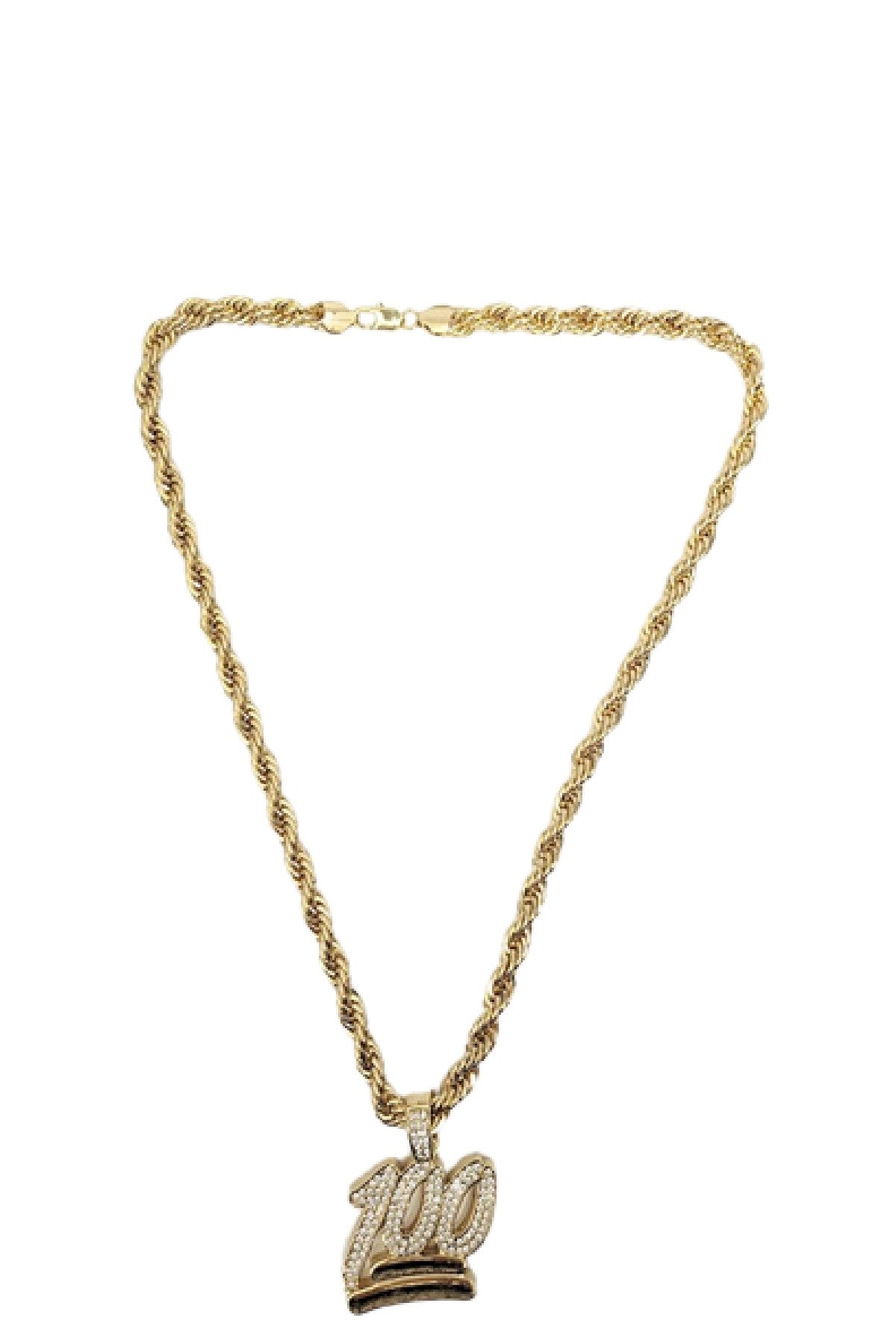 HIP HOP ICED OUT 100 PENDANT ROPE CHAIN featuring a sparkling iced-out design with a durable 24-inch rope chain.