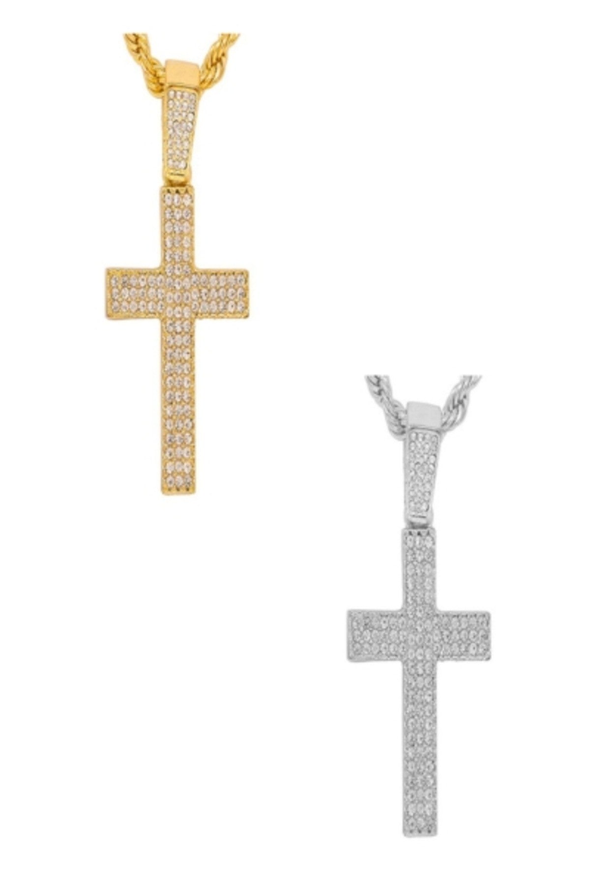 Hip Hop Iced Out Cross Pendant Chain with a 24-inch rope chain and iced out cross design, showcasing its stylish and durable features.