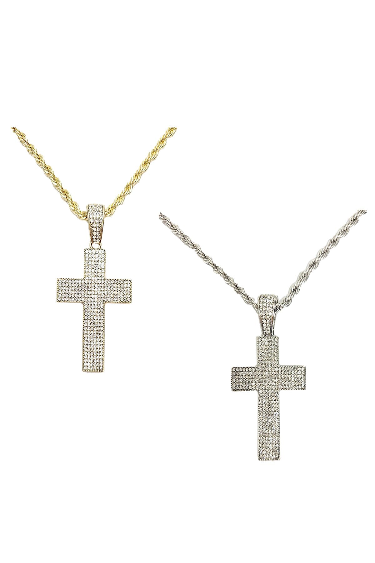 Hip Hop Iced Out Cross Pendant Chain featuring a sparkling cross pendant on a 24-inch rope chain.