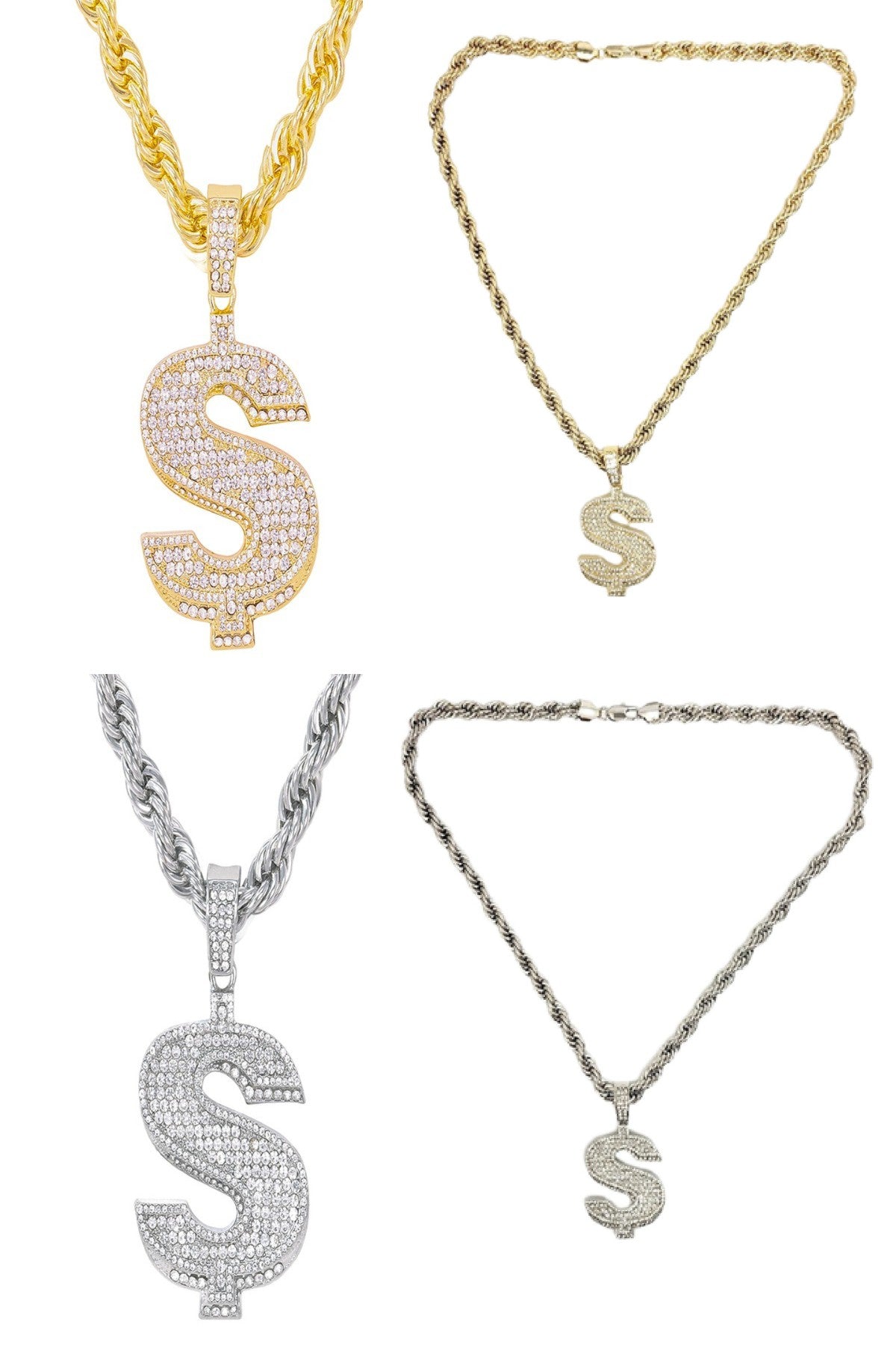 Hip Hop Iced Out Dollar Pendant on a 24-inch rope chain, featuring a sparkling dollar sign design.