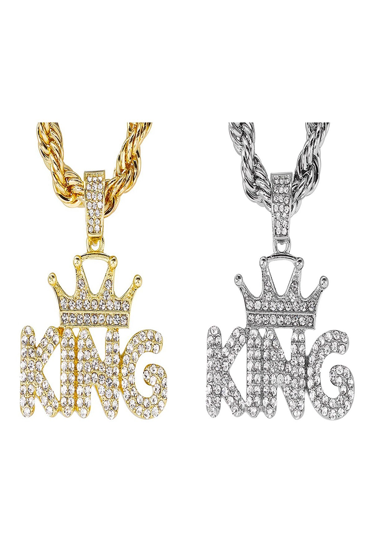 A stylish iced out king pendant on a 24-inch rope chain, showcasing intricate details and a secure lobster clasp.
