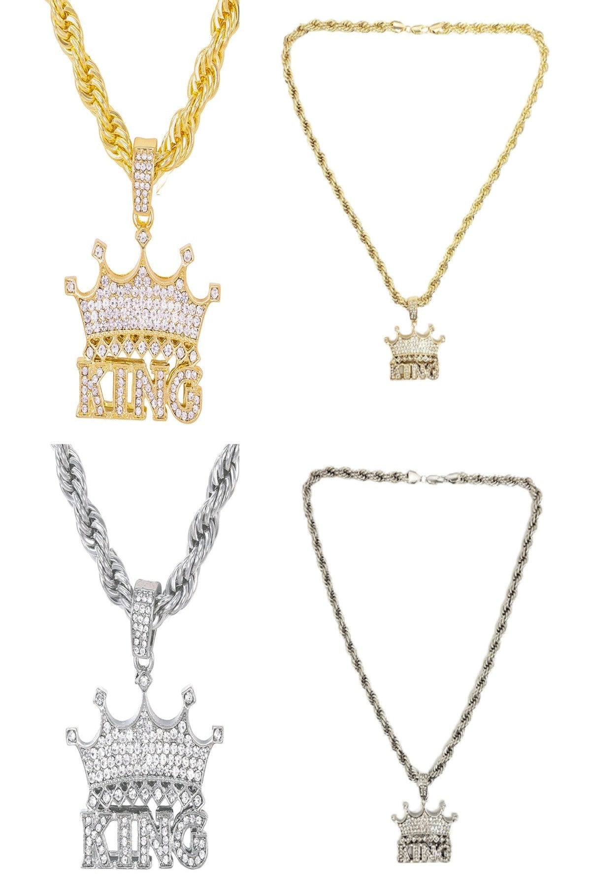 A stylish iced-out king pendant on a 24-inch rope chain, showcasing intricate details and sparkling stones.