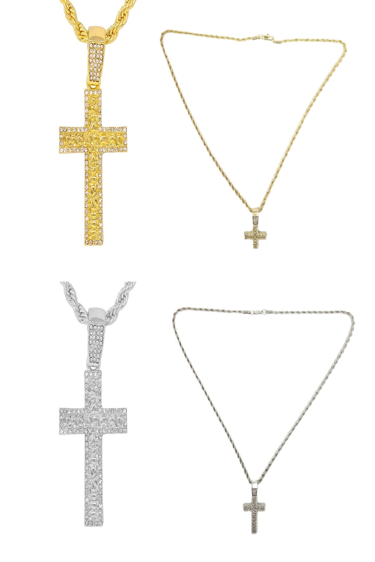 A stylish iced out nugget cross pendant on a 24-inch rope chain, showcasing intricate details and a secure lobster clasp.