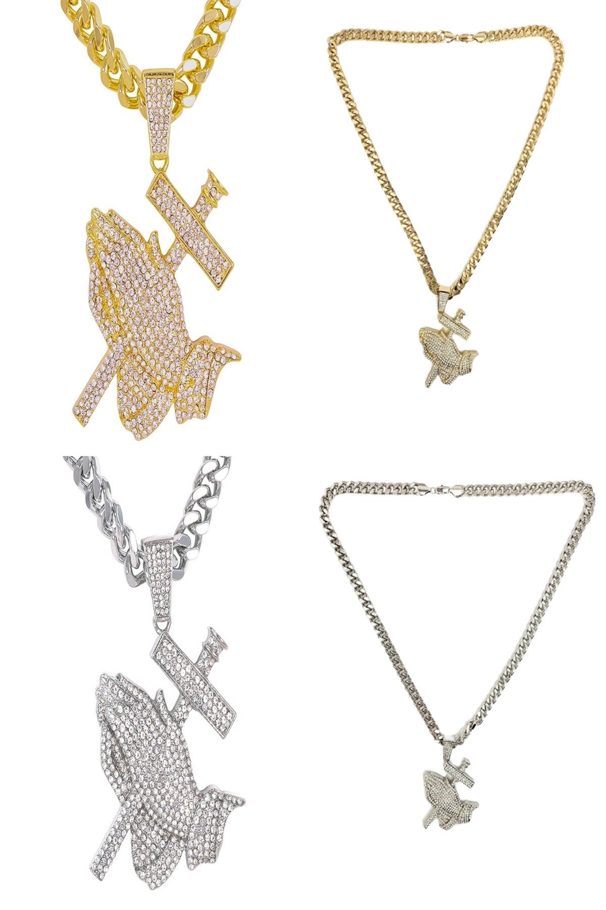 Hip Hop Iced Out Praying Hands Pendant with a 30-inch Cuban chain, featuring a sparkling design and durable lobster clasp.