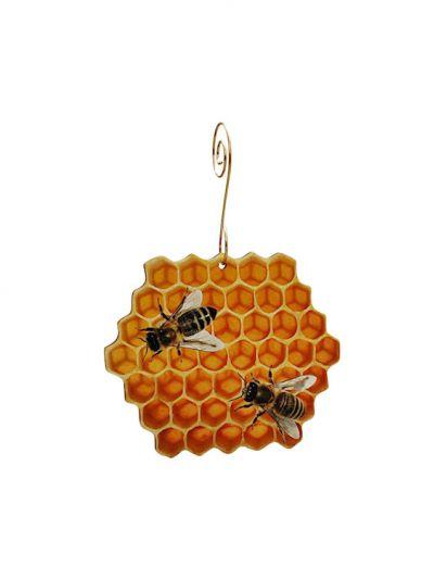 Honeybee Comb Ornament #9957 made from sustainably sourced wood, featuring a laser-cut design and natural wood back.