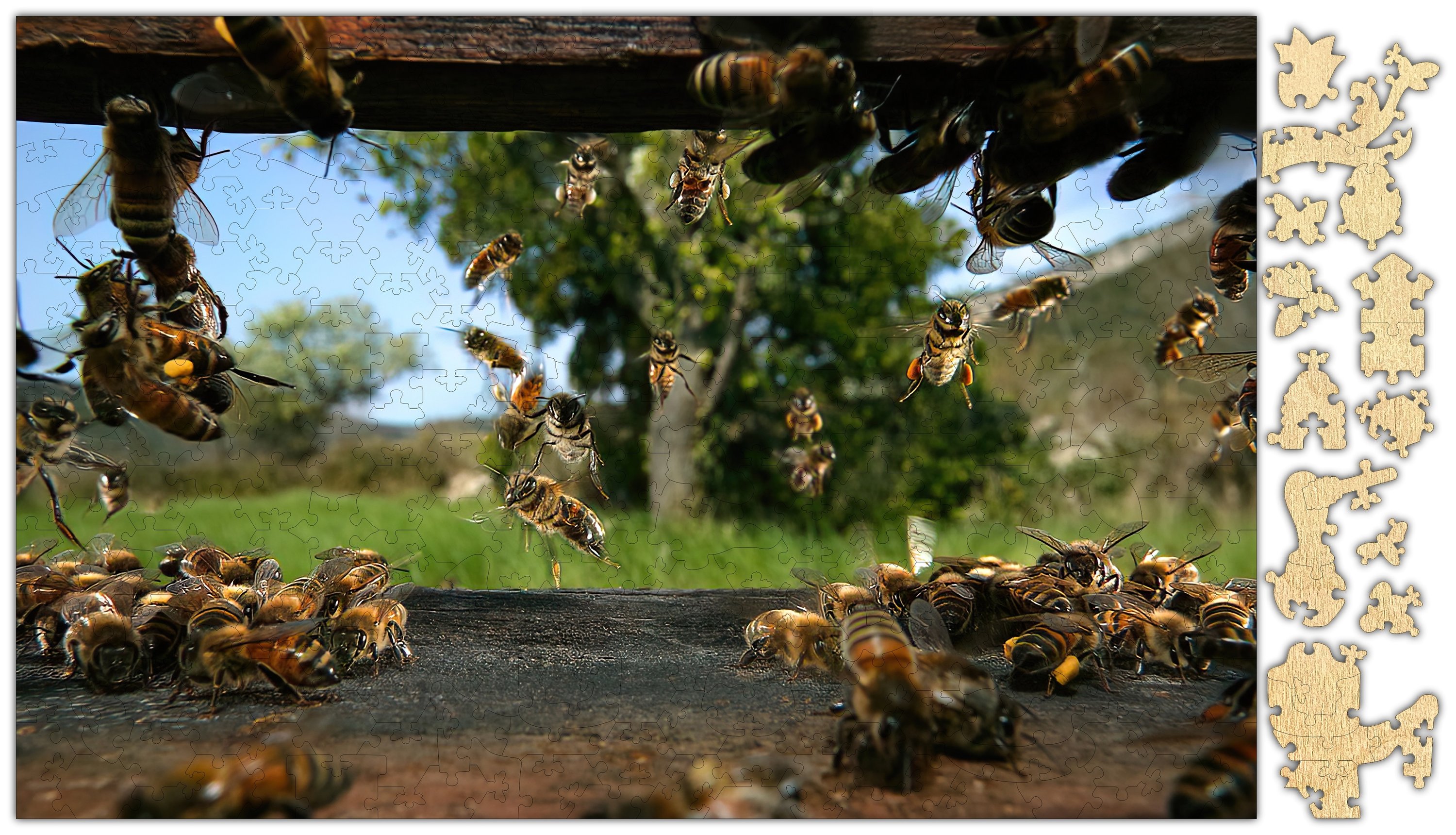 Honeycomb I'm Home Puzzle featuring 250 precision-cut pieces in a vintage design, packaged in a cardboard box with a burlap bag.