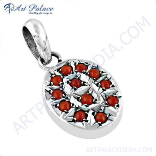 A beautiful coral gemstone silver pendant showcasing intricate design and craftsmanship, perfect for elegant jewelry lovers.