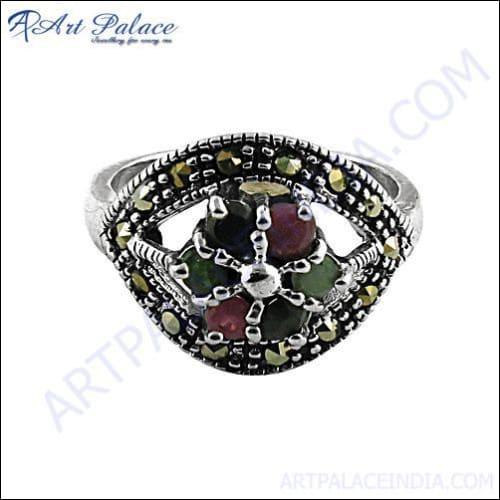 Imperial Emerald Ruby Silver Ring featuring marcasite accents, showcasing vibrant emerald and ruby stones in a classic design.