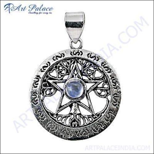 Indian Design Rainbow Moonstone Silver Pendant showcasing intricate ethnic work and a stunning gemstone.