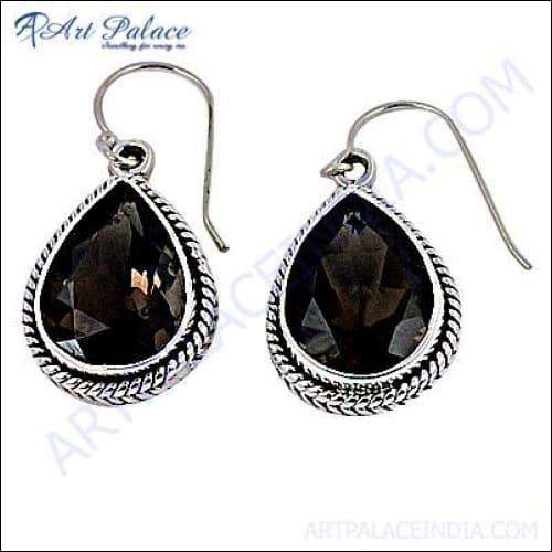 Elegant Indian Design Smokey Quartz Silver Ethnic Earrings showcasing intricate craftsmanship and beautiful smokey quartz stones.