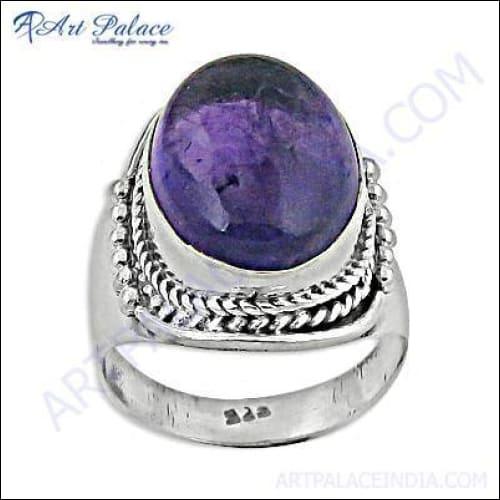 Indian Designer Amethyst Gemstone Silver Ethnic Work Ring featuring intricate designs and a vibrant purple amethyst stone.