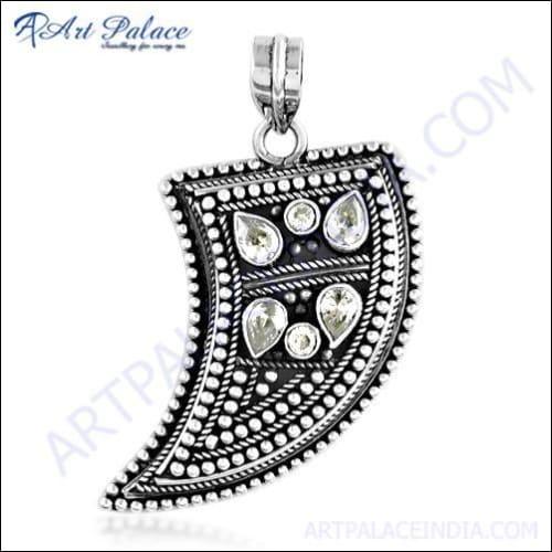 Elegant Indian Designer Silver Pendant featuring a sparkling cubic zirconia gemstone, showcasing intricate craftsmanship and modern design.