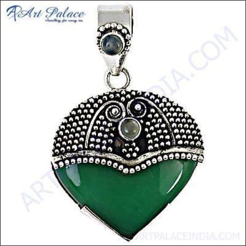 Indian Designer Green Onyx and Blue Chalcedony Gemstone Silver Pendant showcasing intricate craftsmanship and vibrant colors.