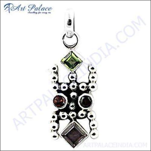 Handmade Indian Designer Multi-Stone 925 Silver Pendant featuring vibrant gemstones and intricate craftsmanship.