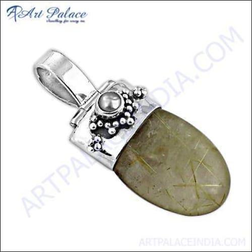 Elegant Indian Designer Silver Pendant featuring Pearl and Rutilated Quartz gemstones, showcasing intricate craftsmanship.