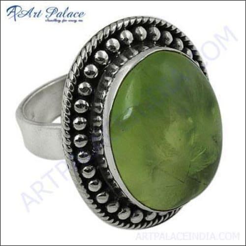 Indian Designer Prehnite Gemstone Silver Ethnic Ring showcasing a vibrant prehnite stone set in intricately designed silver.