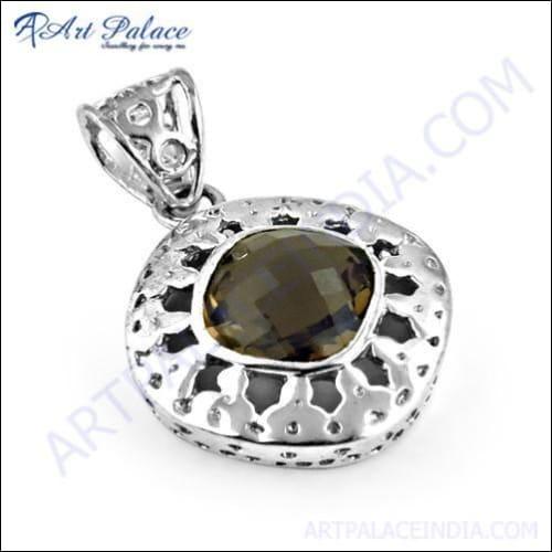 Elegant Indian Designer Smokey Quartz Gemstone 925 Silver Pendant showcasing intricate craftsmanship and rich smokey quartz color.