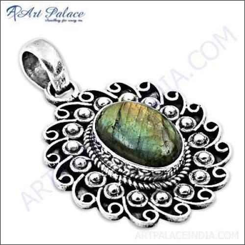 Indian Ethnic Designer Labradorite Silver Pendant showcasing intricate silver work and vibrant Labradorite stone.