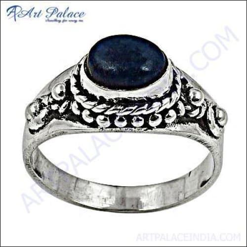 Elegant Indian Ethnic Designer Lapis Lazuli Gemstone Silver Ring with cabochon cut, showcasing its deep blue color and intricate silver design.
