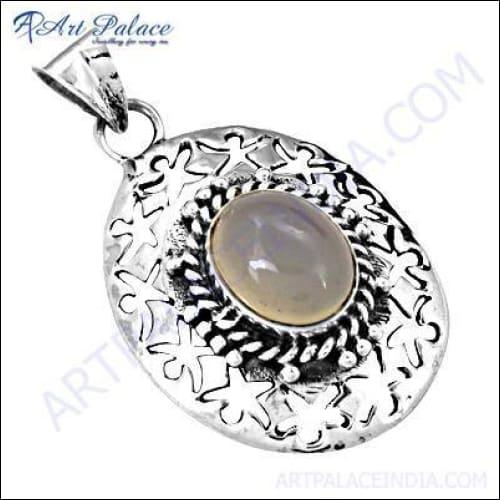 Handcrafted Indian Fret Designer Rainbow Moonstone Silver Pendant showcasing intricate fret design and shimmering rainbow moonstone.