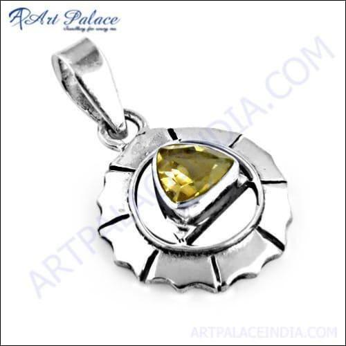 Indian Touch Citrine Gemstone Silver Logo Pendant featuring a triangle design with a vibrant yellow citrine stone set in high-quality silver.