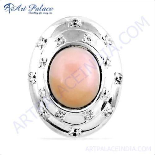 Indian Touch Cubic Zirconia Pink Opalite Gemstone Silver Pendant featuring a pink opalite stone surrounded by sparkling cubic zirconia in a silver setting.