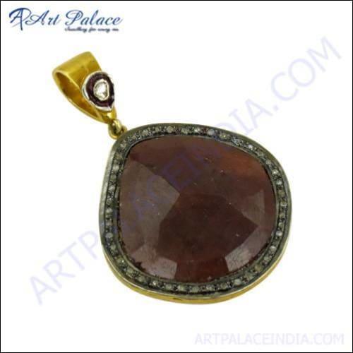 Indian Touch Diamond & Sapphire Gold Plated Silver Victorian Pendant featuring intricate design and sparkling gemstones.