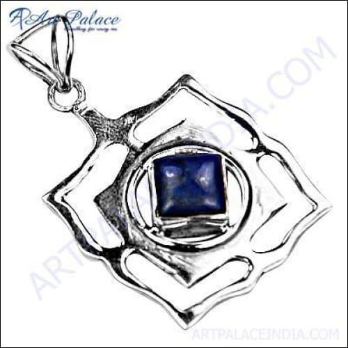 Indian Touch Lapis Gemstone Silver Pendant featuring a deep blue lapis lazuli stone set in intricately designed silver.