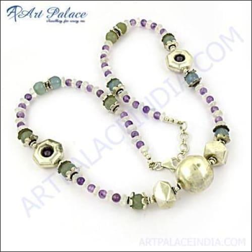 Indian Touch Multi-Stone Silver Necklace featuring vibrant multi-colored stones set in high-quality silver, showcasing exquisite craftsmanship.