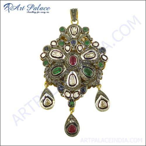 Indian Traditional Multi-Stone Gold Plated Silver Victorian Pendant featuring intricate designs and colorful stones.