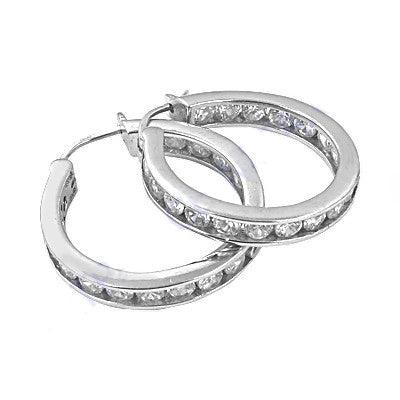 Elegant Ingenious Cubic Zirconia Gemstone Silver Hoop Earrings featuring round CZ stones in a sleek silver setting.