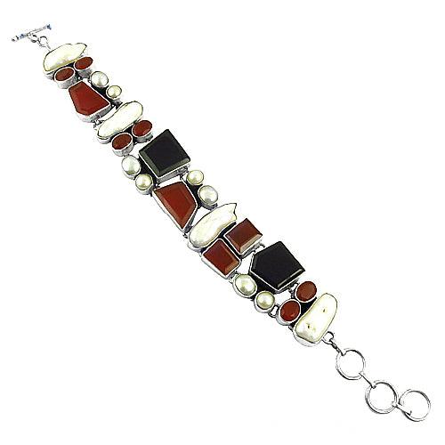 Ingenious Pearl & Black Onyx & Red Onyx Gemstone Silver Bracelet made of 925 sterling silver, showcasing a beautiful multistone design.