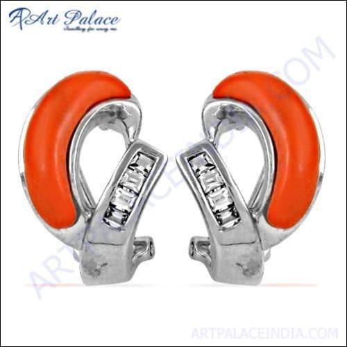 Elegant Inspired Coral Cubic Zirconia Gemstone Silver Earrings showcasing a vibrant coral hue and intricate silver design.