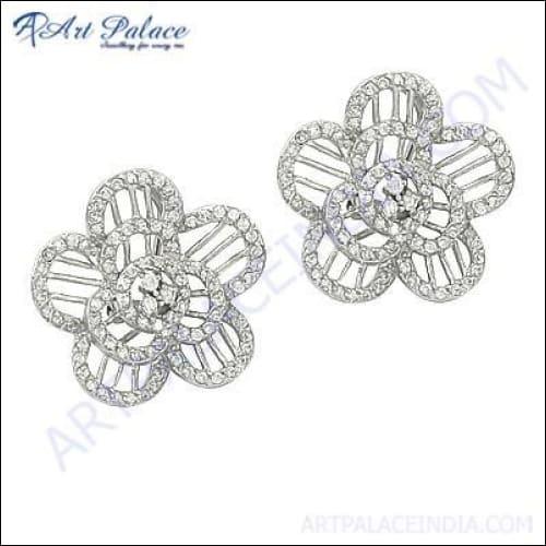 Elegant Inspired Cubic Zirconia Fret Work Silver Stud Earrings showcasing intricate design and sparkling stones.